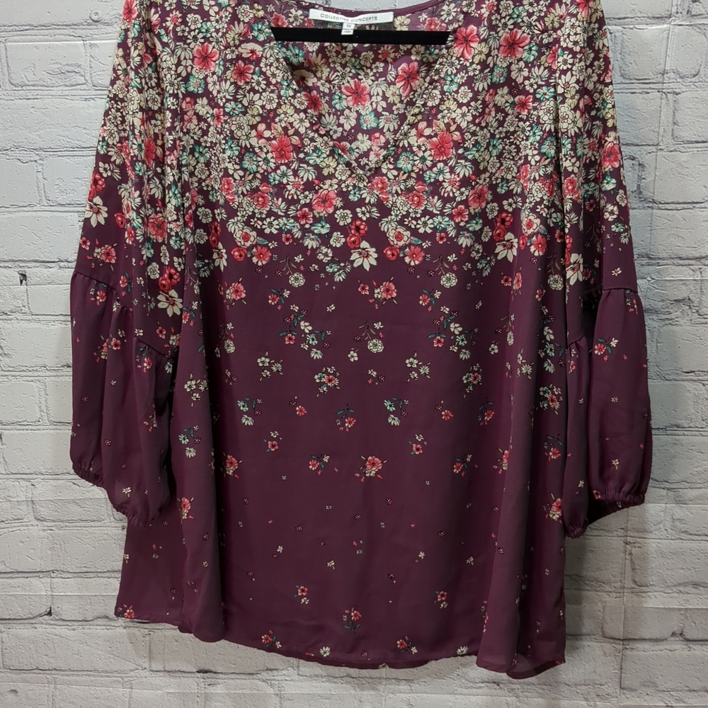Floral V-Neck Blouse - Burgundy